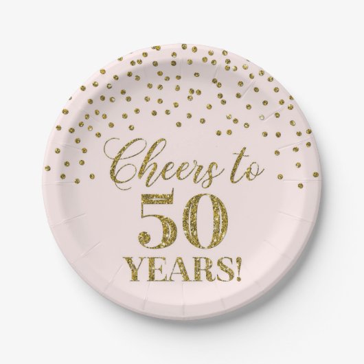 Assiettes En Carton Blush Gold Confetti, 50 ans d'anniversaire (Devant)