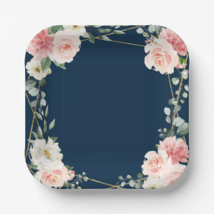 Assiettes En Carton Blush Marine Floral or Mariage botanique géométriq