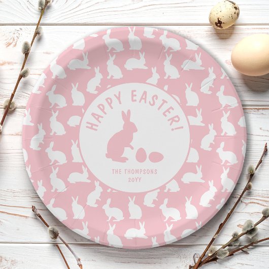 Assiettes En Carton Blush Pink And White Bunny Pattern Happy Easter