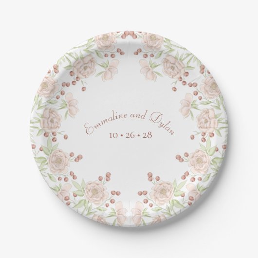 Assiettes En Carton Blush Pink Roses Wedding (Devant)