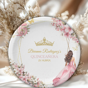 Assiettes En Carton Blush Rose Fleurs Dorées Papillons Quinceañera