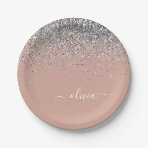Assiettes En Carton Blush Rose Gold Argent Pailleté Monogramme