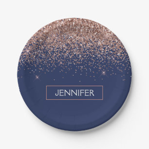 Assiettes En Carton Blush Rose Gold et Bleu Marine Paillettes Monogram