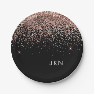 Assiettes En Carton Blush Rose Gold Monogramme Pailleté Rose Noir
