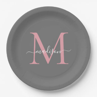 Assiettes En Carton Blush Rose Monogramme Féminin Tendance Écriture No