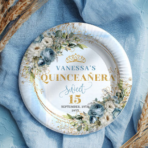 Assiettes En Carton Bohème Fleur Bleu Or Quinceañera Personnalisée
