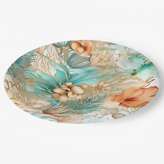 Assiettes En Carton Boho Beach Floral Blue Peach Mariage (Angle)
