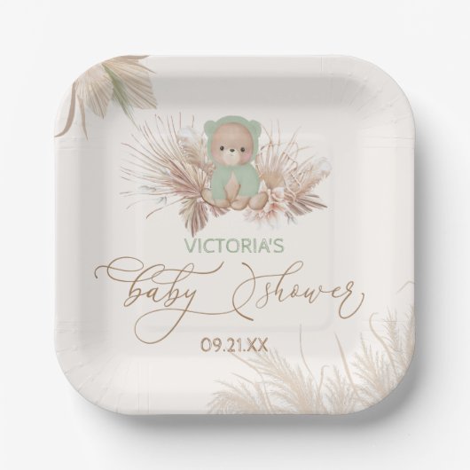 Assiettes En Carton Boho Bear Pampas Baby shower Vert (Recto)