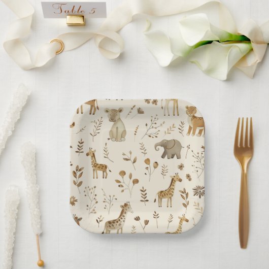 Assiettes En Carton Boho Blanc Beige Jungle Animaux (Mariage)