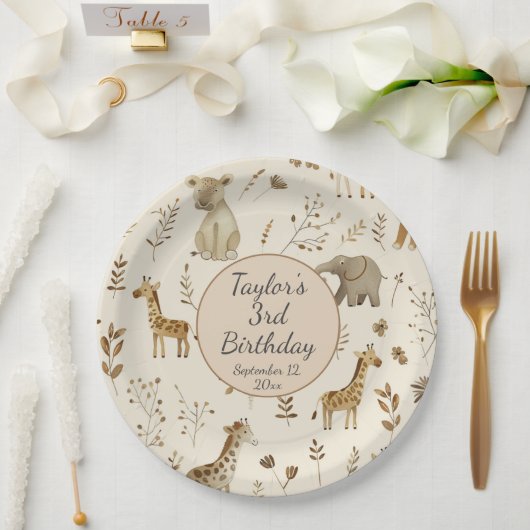 Assiettes En Carton Boho Blanc Beige Jungle Animaux Anniversaire (Mariage)