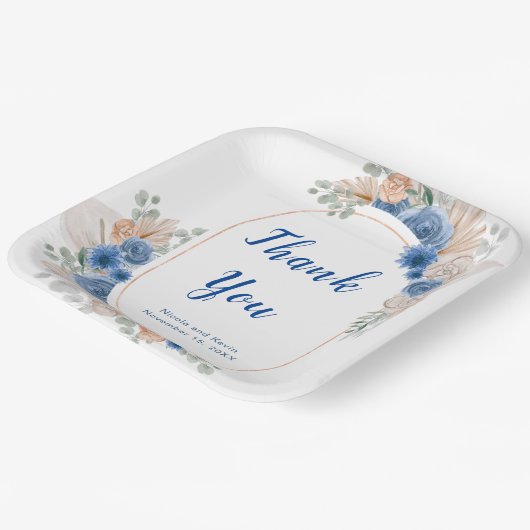 Assiettes En Carton Boho Blue Pampas Grandes (Angulaire)
