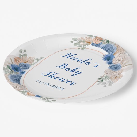 Assiettes En Carton Boho Blue Pampas Grass Baby shower (Angle)