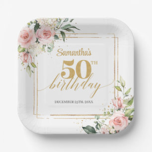 Assiettes En Carton Boho blush fleuri eucalyptus or 50e anniversaire