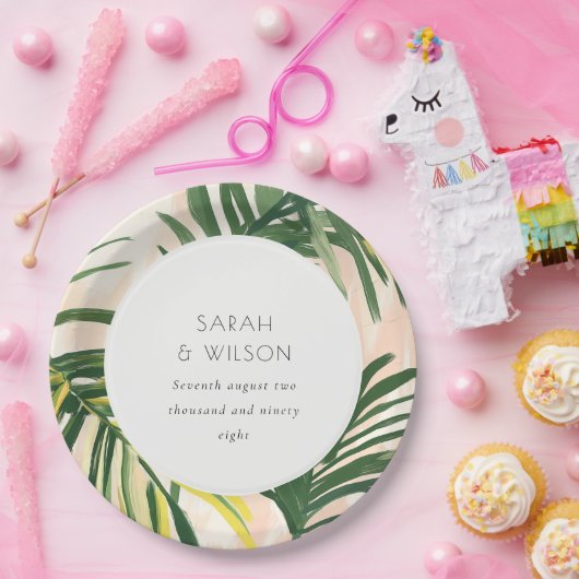 Assiettes En Carton Boho Blush Green Tropical Palm Beach Mariage (Fête)