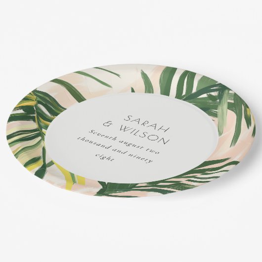 Assiettes En Carton Boho Blush Green Tropical Palm Beach Mariage (Angle)