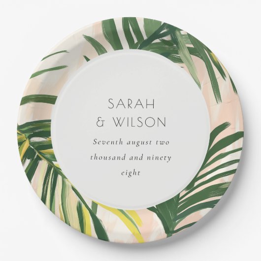 Assiettes En Carton Boho Blush Green Tropical Palm Beach Mariage (Devant)