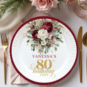Assiettes En Carton Boho Bourgogne Floral Or 80e Anniversaire Papier