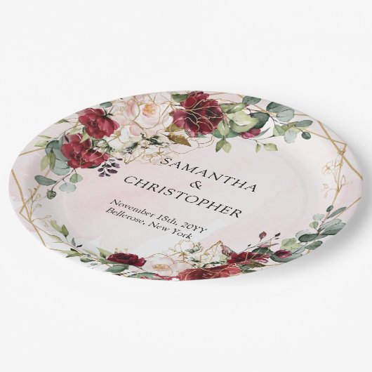Assiettes En Carton Boho burgundy fleurie or mariage géométrique (Angle)