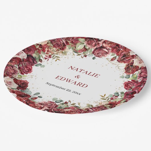 Assiettes En Carton Boho burgundy rose eucalyptus Mariage (Angle)