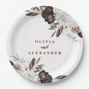 Assiettes En Carton Boho Burgundy Roses tombent mariage floral Étiquet