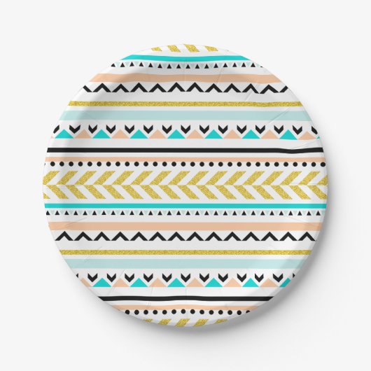 Assiettes En Carton Boho Chic Gold Turquoise Motif Aztec (Devant)