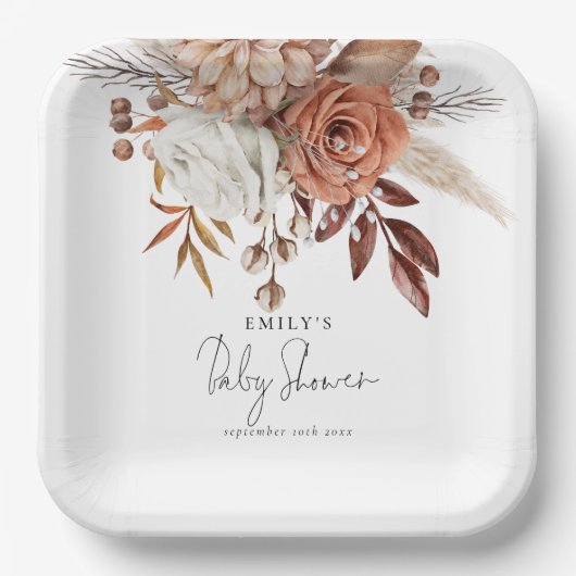 Assiettes En Carton Boho Chic Terracotta Nom Floral Baby shower (Recto)