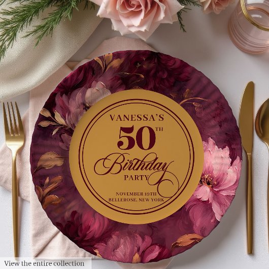 Assiettes En Carton Boho classique Bourgogne Blush Gold 50e anniversai