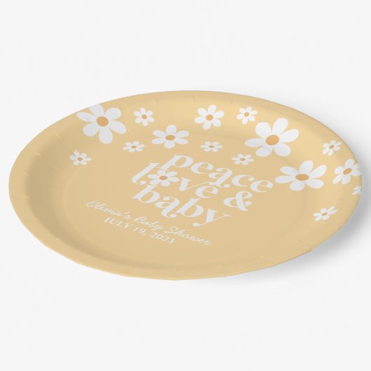 Assiettes En Carton boho Daisy peace love bébé jaune (Angle)