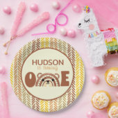 Assiettes En Carton Boho de bois Arc-en-ciel Ours premier anniversaire (Fête)