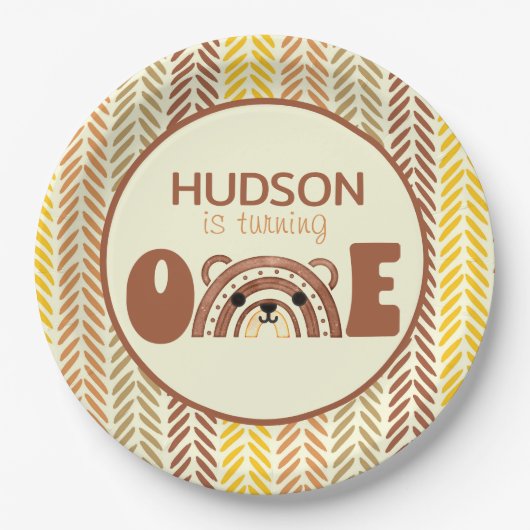 Assiettes En Carton Boho de bois Arc-en-ciel Ours premier anniversaire (Devant)