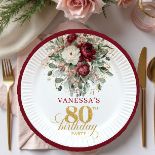 Assiettes En Carton Boho Deep Red Floral Or Papier Anniversaire 80 Ans