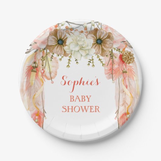 Assiettes En Carton Boho Dream Catcher Plumes Tribal Peach Coral (Devant)