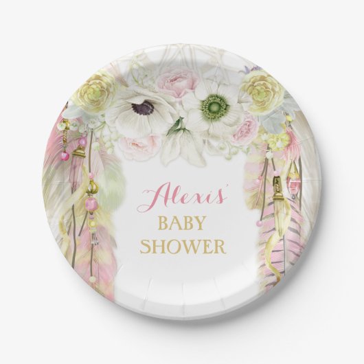 Assiettes En Carton Boho Dream Catcher Plumes Tribal rose jaune (Devant)