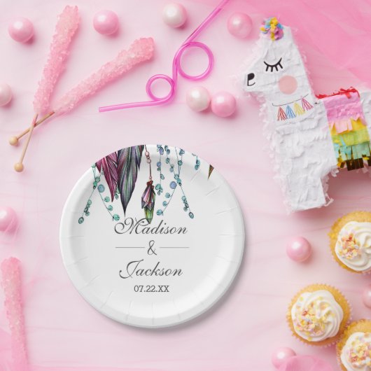 Assiettes En Carton Boho Dreamcatcher & Feathers Mariage rose Monogram (Fête)