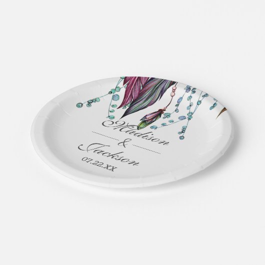Assiettes En Carton Boho Dreamcatcher & Feathers Mariage rose Monogram (Angle)