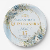 Assiettes En Carton Boho Dusty Blue Floral Gold Personalized Quince  (Devant)