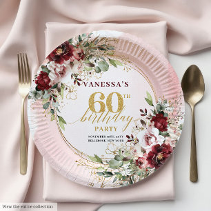 Assiettes En Carton Boho Élégant Roses Bourguignonnes Dorées 60 Ans An