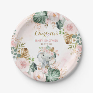 Assiettes En Carton Boho Elephant Blush rose Floral Jungle Baby Girl