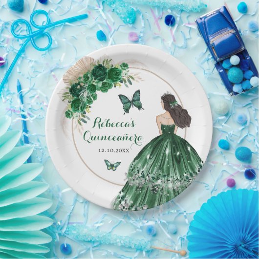 Assiettes En Carton Boho Emerald Green Roses Princesse Quinceañera (Fête)