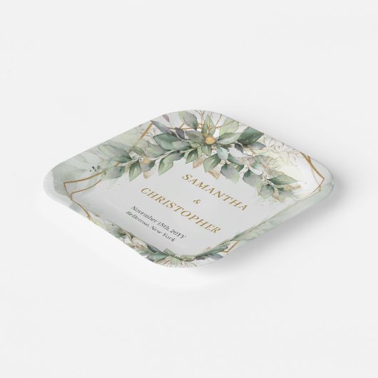 Assiettes En Carton Boho Eucalyptus verdure branches or mariage (Angulaire)