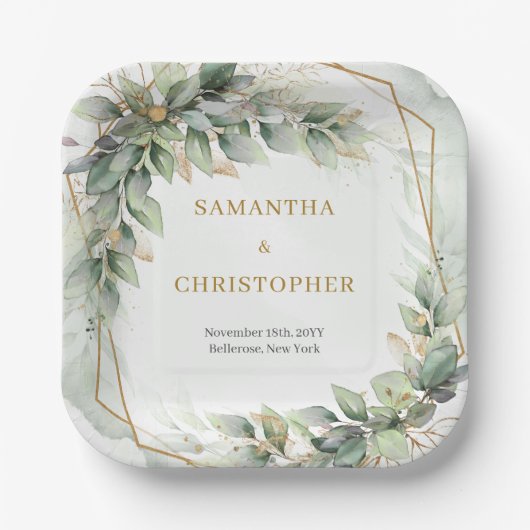 Assiettes En Carton Boho Eucalyptus verdure branches or mariage (Recto)