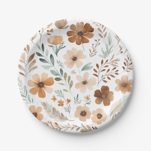 Assiettes En Carton Boho Fleur Brun Clair (Devant)