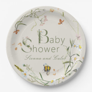 Assiettes En Carton Boho Fleur sauvage Beige Baby shower Beige