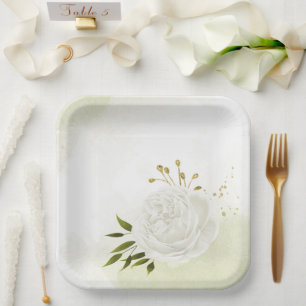 Assiettes En Carton Boho fleurs blanches vert feuille botanique