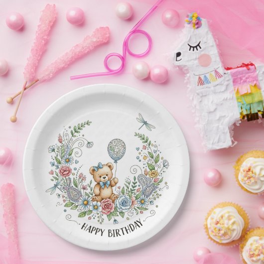 Assiettes En Carton Boho floral birthday bear (Fête)