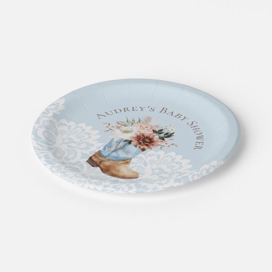 Assiettes En Carton Boho Floral Western Blue Cowboy Boot Baby shower (Angle)