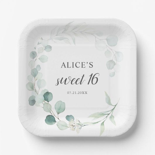 Assiettes En Carton Boho Green Eucalyptus Sweet 16 (Recto)