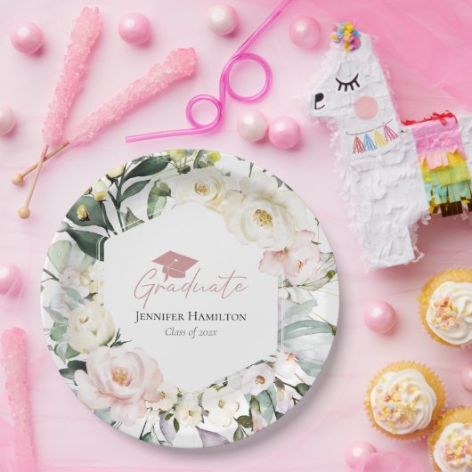 Assiettes En Carton Boho Green Floral Frame Graduation (Fête)