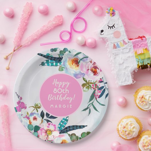 Assiettes En Carton Boho Joyeux Anniversaire à 80 ans Plaques en papie (Fête)