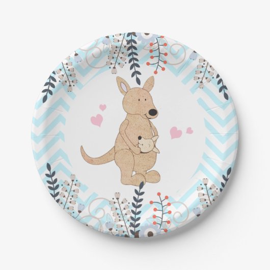 Assiettes En Carton Boho Kangaroo Baby shower Bleu Chevron Plaque papi (Devant)
